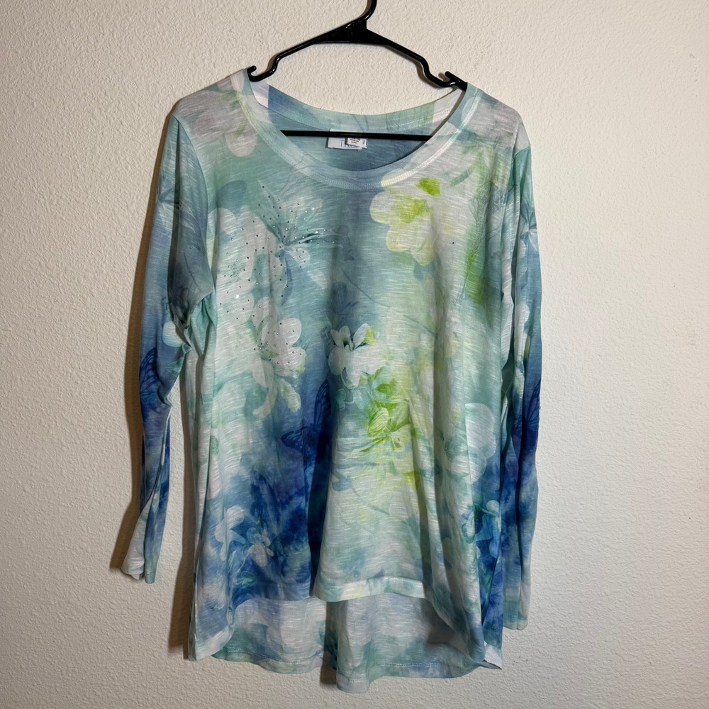 Time and Tru Womens Blue Floral Butterfly Long Sleeve Slub Knit Top Size L 12-14